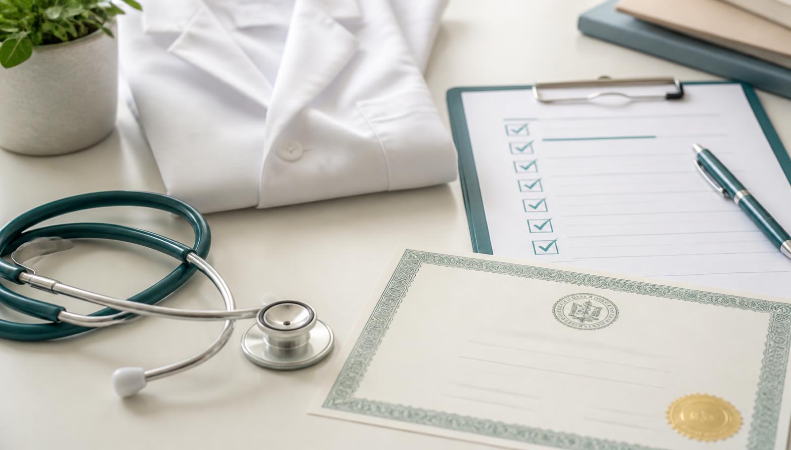 Stethoscope, white coat, clipboard, and medical license certificate on a desk — the tools of medical credentialing